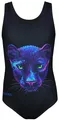 Aquarti Badeanzug Mädchen – Sportlicher Mädchen Badeanzug mit Ringerrücken Print, Farbe: Panther/Schwarz, Größe: 140
