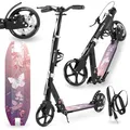 HyperMotion Doppelrad-Scooter für Jugend und Erwachsene, mit Stoßdämpfer, Skyline, Pink, Aluminium, Belastbar bis 100kg, ab 6 Jahren, Große Räder, Hand- und Fußbremse, Faltbar + Gürtel