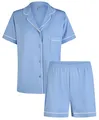 Damen Schlafanzug Pyjama BY LOUISE Shorty Button Down Kurz geknöpft blau Gr.XL