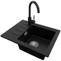 PRIMAGRAN Granitspüle Schwarz 55x44cm, Spülbecken 1 Becken + Küchenarmatur 32x20cm + Ablauf-Set, Küchenspüle ab 45er Unterschrank - Kopenhagen Easy S011