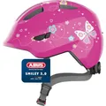 ABUS Kinderhelm Smiley 3.0 - Fahrradhelm mit tiefer Passform, kindergerechten Designs & Platz für einen Zopf - für Mädchen und Jungs - Pink mit Schmetterlings-Muster, Größe M
