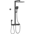 Emke Duschsystem Regendusche Anthrazit Matt LED Glasablage Duschsystem mit Thermostat 3+1 Elternteil und Kind Handbrause