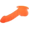 TOYLIE Latex Penishülle Franz Schaftlänge: 14cm neon orange mit Basisplatte zum ankleben an Latexkleidung - stark geäderter Penis-Sleeve mit Hodensack und ausgeprägter Eichel - MADE IN GERMANY