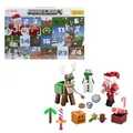 Mattel Minecraft-Adventskalender, 3 maßstabsgetreue, ca. 8 cm große Actionfiguren, einschließlich Weihnachtsmann, 17 Zubehörteile und 4 Aufkleber, pixeliges Design, HXM86