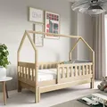 Masseno Kinderbett BAMBINA 80x160 cm mit Rausfallschutz, Einzelbett für Mädchen und Jungs, Hausbett für Kinder, Kiefernholz - Hellbraun