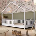 Crazy Pine Hausbett 80x160 cm – Kinderbett aus Naturholz in Weiß mit Rausfallschutz – Montessori Bodenbett mit Höhenverstellbaren Beinen und Abnehmbarer Barriere - Crazy House