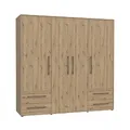 FORTE Jupiter Schrank 200 210, Kleiderschrank, Drehtürenschrank, 4-türig, mit 4 Schubladen und Einlegeböden, Holz Dekor: Artisan Eiche, 206 cm breit x 59 cm tief x 200 cm hoch