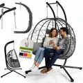 Juskys Doppelhängesessel Aria - Polyrattan Hängesessel mit Gestell & Kissen - Grau