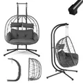 Juskys® Doppelhängesessel Aria - Polyrattan Hängesessel mit Gestell & Kissen - Schaukel für Zwei Personen - Outdoor Indoor Sessel - XXL Korb Grau