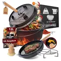 GUSSKÖNIG Dutch Oven Set-Eingebrannter Dutch Oven 12L [10-16 Person]-Feuertopf Gusseisen ohne Füßen-Schmortopf Doppelfunktion-2in1 Deckelheber,Untersetzer,Bürste,DutchOven Rezeptbuch-30 Jahre Garantie