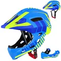 Kinderhelm, 2-In-1 Integriert Kinder Fahrradhelm mit Abnehmbarem Kinnschutz, Unisex 52-56cm Children's Helmet, Kindersport Schutzhelm zum Fahrräder Laufrad Roller Rollschuhe (Blau Gelb)