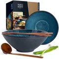 Moritz & Moritz SOLID 2x Ramen Schüssel Keramik - 800 bis 1300ml - 24 cm Ø - Blaues Ramen Bowl Set für 2 Personen - Für Suppe, Pho Bowl und Sushi Bowl - Inkl. Stäbchen und Löffel