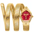Just Cavalli Damenuhr, goldfarbenes Gehäuse, rotes Zifferblatt, goldfarbenes Metallarmband, 2 Zeiger, 3 ATM, Goldfarben, Armbanduhr