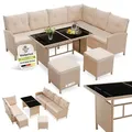 Juskys Polyrattan Lounge Manacor - Sofa, Tisch, Hocker & Kissen - Creme / Sand - Beige