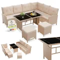 Juskys® Polyrattan Lounge Manacor mit Ecksofa, Esstisch, 2 Hocker & Kissen - Creme/Sand - wetterfest bis 7 Personen - Bezüge waschbar - Rattan Garten Sitzgruppe Gartenlounge Gartenmöbel Set