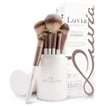 Make-up Pinselset 15-teilig vegan | 12 Profi Schminkpinsel | inkl. Blender, Reinigungsmatte & veganem Leder-Köcher | Prime Vegan Pro | Coffee/Perlmutt | Luvia