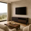 TV-Rack MCW-O40, Lowboard TV-Schrank 2 Schubladen Türen Staufächer, MDF Metall Melamin 48x155x40cm Walnuss-Optik