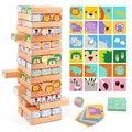 Nene Toys 4-in-1 Holz-Wackelturm – Familienspiel & Lernspiel aus Holz – Stapelspiel mit Bauklötzen, Karten & Würfel – Safari-Tierspiel für Kinder 3–9 Jahre
