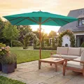 Gastronomie Holz-Sonnenschirm MCW-C57, Gartenschirm, Polyester/Holz 14kg, eckig 3x3m Seilzug stoßsicher blau-grün