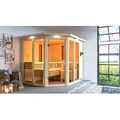 Karibu Sauna Innensauna Ava Eckeinstieg Ofen 9 kW  externe Strg easy 245x210x202 cm  mit Dachkranz