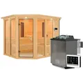 Karibu Multifunktions-Sauna Ava inkl. Infrarotstrahler mit Eckeinstieg 68 mm Inkl. Dachkranz 9 kW Bio-Kombiofen inkl. Steuergerät
