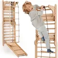 6-in-1 Holz Schwedenwand & Rutschensatz – Vielseitiges Kletterdreieck Set für Kinder mit Leiter, Rutsche, Monkey Bars – Perfekt für 2 bis 12 ... - Beige