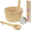 LuxeBath Saunazubehör-Set aus Kiefernholz 4-teilig Sauna Set Aufgusskübel Kelle Thermometer-Hygrometer & 15min. Sanduhr Saunaeimer 4,5L Sauna Zubehör