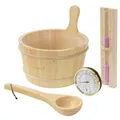 LuxeBath Saunazubehör-Set aus massivem Kiefernholz, Sauna Set 4-teilig, Aufgusskübel & Kelle, Thermometer-Hygrometer & 15min. Sanduhr, Saunaeimer 4,5L mit Kunststoffeinsatz, Langlebiges Sauna Zubehör