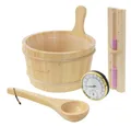 LuxeBath Sauna-Aufgussset 4-teilig Saunazubehör-Set aus massivem Kiefernholz, Sauna Set Zubehör Inkl. 4,5L Aufgusskübel, Kelle, Thermometer-Hygrometer, 15min. Sanduhr