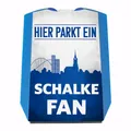 speecheese Hier parkt EIN Schalke Fan Parkscheibe in Vereinsfarben mit Zwei Einkaufswagenchips als Geschenk für Fußballfans die ihren Verein über Alles lieben und überall verfolgen