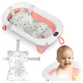Ricokids Baby Badewanne Babywanne mit Thermometer und Badekissen - Faltbar Leicht Rutschfest - Weiß Rosa