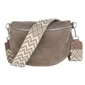 MIRROSI Damen Bauchtasche aus Wildleder, Made in Italy. Als Umhängetasche, Brust- oder Schultertasche tragbar, 26x20x8 cm, Reißverschlussfach hinten. (Upgrade Version: Wildleder Taupe Boho)