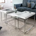 Modernes Couchtisch 3er Set ELEMENTS 75cm weiß Chrom abnehmbares Tablett