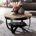 FineBuy Couchtisch 60x34x60 cm Mango Massivholz / Metall Industrial Schwarz Rund Sofatisch Wohnzimmertisch Massiv Kleiner Tisch Salontisch Wohnzimmer