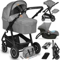 Lionelo Bianka 3in1 Kinderwagen, Autotransporter, Autositz, klappbar, Travel System Rückenlehne verstellbar 360o Räder Polsterung, Verdeck XXL-Grau - Grau