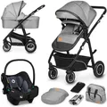 LIONELO BIANKA Kinderwagen 3 in 1 bis 22 kg Babywanne Autositz Zusammenlegbar, Reise-System, Einstellung der Rückenlehne, Räder 360o Stoßdämpfer, Verdeck XXL