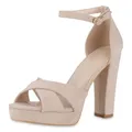 VAN HILL Damen High Heels Blockabsatz Plateau Vorne Party Schuhe 216138 Beige Velours 39