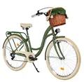 MILORD Damenfahrrad Citybike Komfort Mit Weidenkorb Hollandrad Vintage Fahrrad, 26, 28 Zoll, 7-Gang (Khaki, 26 Zoll)