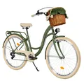 Milord Cityrad Milord City Fahrrad Weidenkorb Damen, 28/26 Zoll, Grün-Creme, 7-Gang, 7 Gang, (Fahrradständer, Gepäckträger, Klingel, Korb, Kotflügel)
