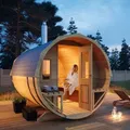 FinnTherm Fass-Sauna Sam, Aussensauna Fichte unbehandelt, Natur, ohne Ofen 2,80 x 2,19 m