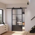 Loftschiebetür 900x2150 mm, Stahl schwarz mit Klarglas Einsatz, Komplettset inkl. offene Laufschiene und Softclose