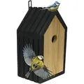 Modo24 Vogelhaus Meisen Nistkasten aus FSC® Holz mit 2,8 cm Einflugloch und mit Heu, Brutkasten mit Reinigungsklappe, Futterhaken für Garten, 26×15×12 cm beige|schwarz Mit_Heu