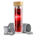 EAZY CASE Teeflasche aus Glas mit Bambus Deckel, Teesieb aus Edelstahl und Neoprenhülle, Teekanne ideal für unterwegs, doppelwandige Trinkflasche, Tee Flasche to Go 500 ml