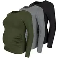 M.M.C. Umstandsshirt 3er Set unifarben Umstandsmode Schwangerschaft Schwangerschaftsshirt, Langarm (Schwarz, Dunkelgrau, Khaki, Large)