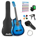 Moukey Akustikgitarre für Anfänger, Kinder, Jugendliche, Erwachsene, Cutaway-Gitarre, Acustica-Kit mit Akkord-Poster, Gigbag, Stimmgerät, Plektren, Nylonsaiten, Kapodaster, Gurt, Blau
