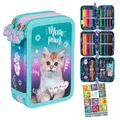 Goldkids - Federmäppchen 3 Fächer - Mäppchen für Mädchen und Jungen - Federmappe 3-Fach Federtasche 44-teilig Gefüllte Schüleretui Hausaufgabenheft- Katze Motiv