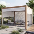 Pergola HWC-L46 mit Seitenwand, Lamellen-Pavillon Rollo, 10cm-Alu-Gestell, sturmfest 3x3m Gestell Holzoptik, weiß