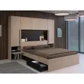 Bett mit Stauraum + Lattenrost + Matratze - 160 x 200 cm - Mit LED-Beleuchtung - Holzfarben & Schwarz  - VELONA