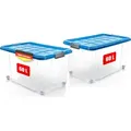 BigDean 2 Stück 60 L Aufbewahrungsbox mit Deckel groß azurblau - stapelbare robuste Box - rollbare Stapelbox mit festen Klickverschlüssen - Blau