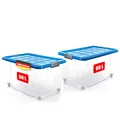 BigDean 2 Stück 60 L Aufbewahrungsbox mit Deckel groß azurblau - stapelbare robuste Box - rollbare Stapelbox mit festen Klickverschlüssen - Made in Germany